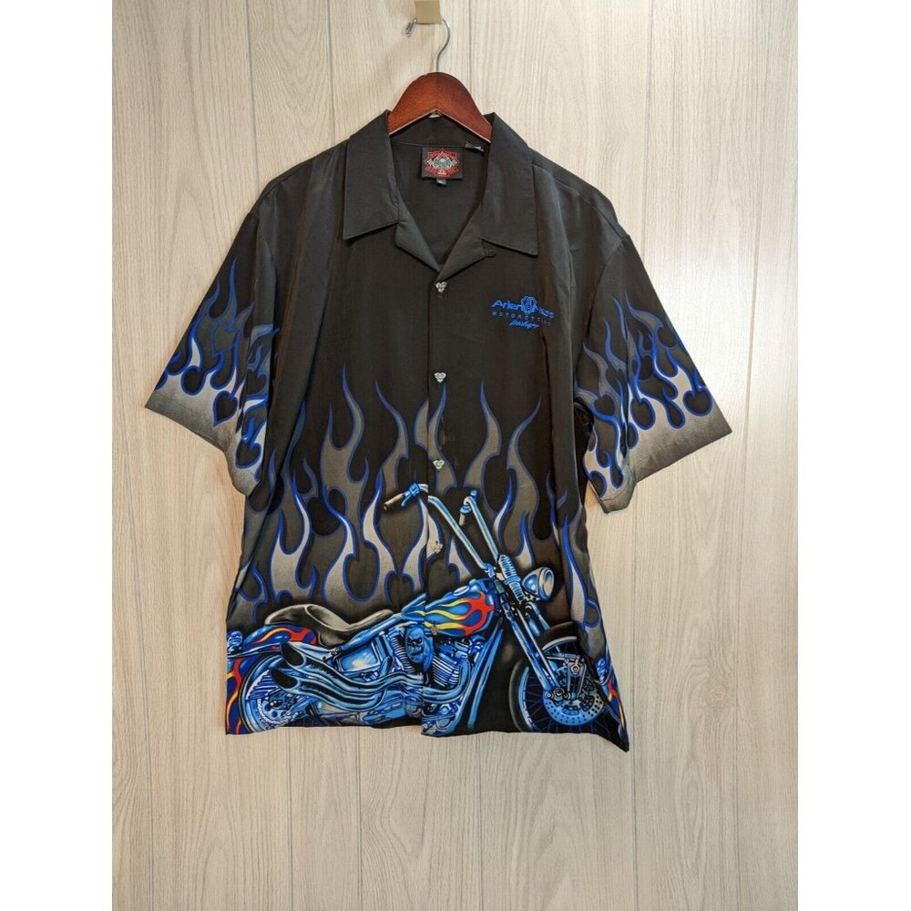 Vtg Y2K 90s Dragonfly Roadhouse XL Button Up Collared Shirt Harley Embroidered